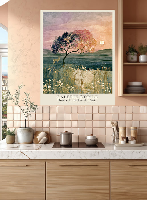 Dreamy pink tree and moon landscape giclée print in a living room setting