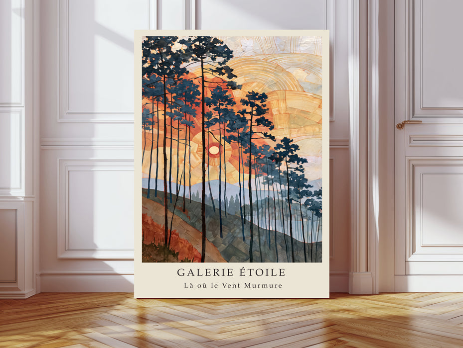 Les Pins Dorés Golden Pines Sunset Print | Art Nouveau Forest Landscape Wall Art | Orange & Navy Giclée Fine Art