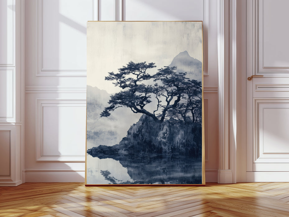 Japanese Blue Landscape Tree Art Print