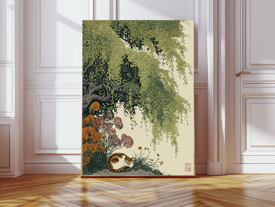 Japanese Willow Tree Cat Art Print