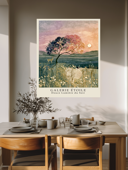 Pastel landscape art print of a lone tree, deer and golden wildflower meadow at dusk