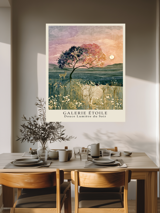 Pastel landscape art print of a lone tree, deer and golden wildflower meadow at dusk
