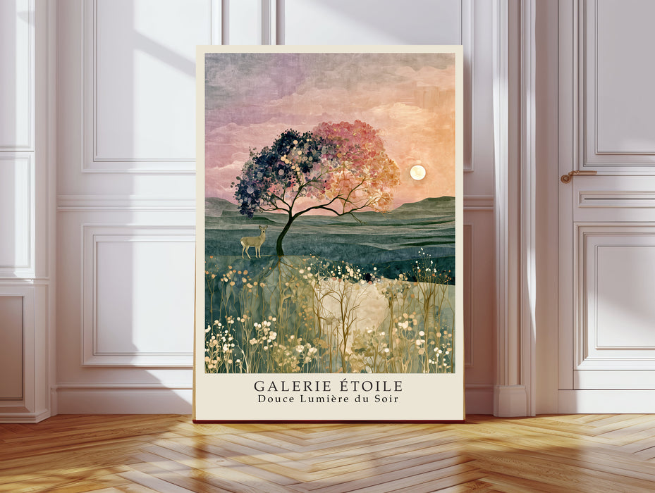 Douce Lumière du Soir Galerie Étoile print, pink and navy blossom tree with deer under a full moon, leaning against a panelled wall