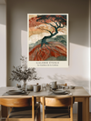 Twisting black tree with roots spreading through red earth, textured fresco-style art print