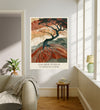 Terracotta, sage and ink tree roots landscape wall art with French lettering