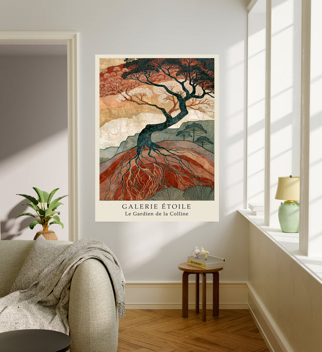 Terracotta, sage and ink tree roots landscape wall art with French lettering