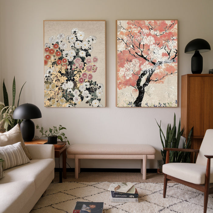 Japanese Chrysanthemum and Cherry Blossom Set of Two Art Prints | Vintage Pink Floral Gallery Wall Set | Japandi Botanical Wall Art