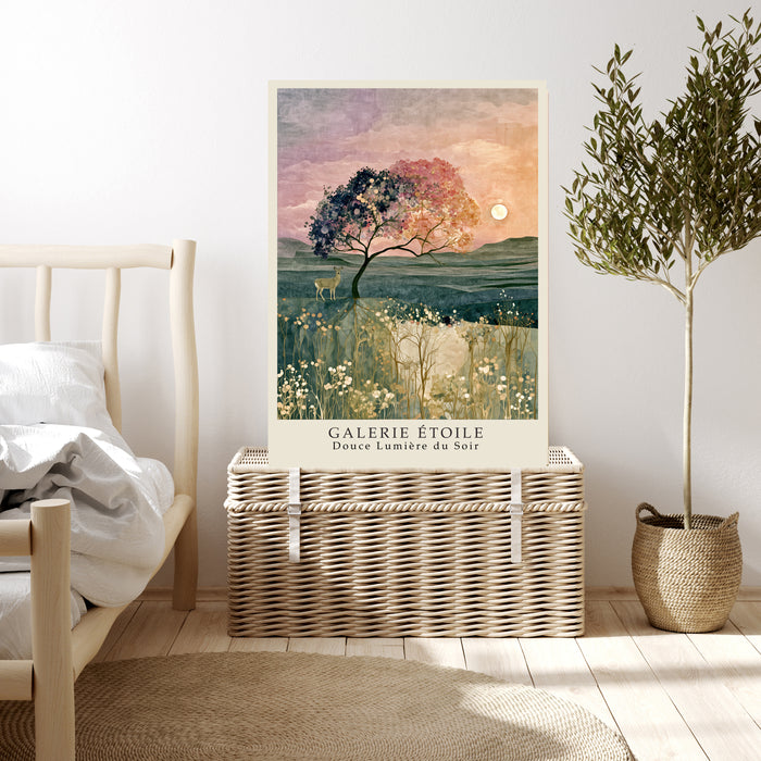 Blush, sage and lilac French gallery-style tree print styled in a bedroom