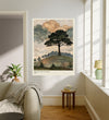 Vintage-style English countryside oak tree landscape wall art in sage green and gold