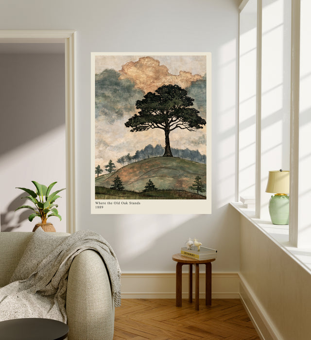 Vintage-style English countryside oak tree landscape wall art in sage green and gold