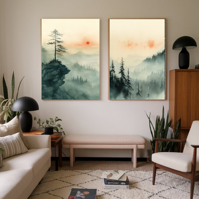 Japanese Landscape Tree's Japandi Set Of Two Art Prints