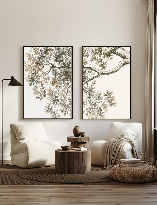 Tree Branch Set of Two Art Prints | Sage Green Neutral Botanical Gallery Wall Set | Minimal Japandi Wall Art
