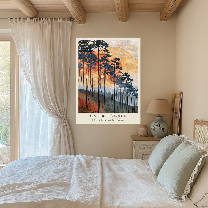 Les Pins Dorés Golden Pines Sunset Print | Art Nouveau Forest Landscape Wall Art | Orange & Navy Giclée Fine Art