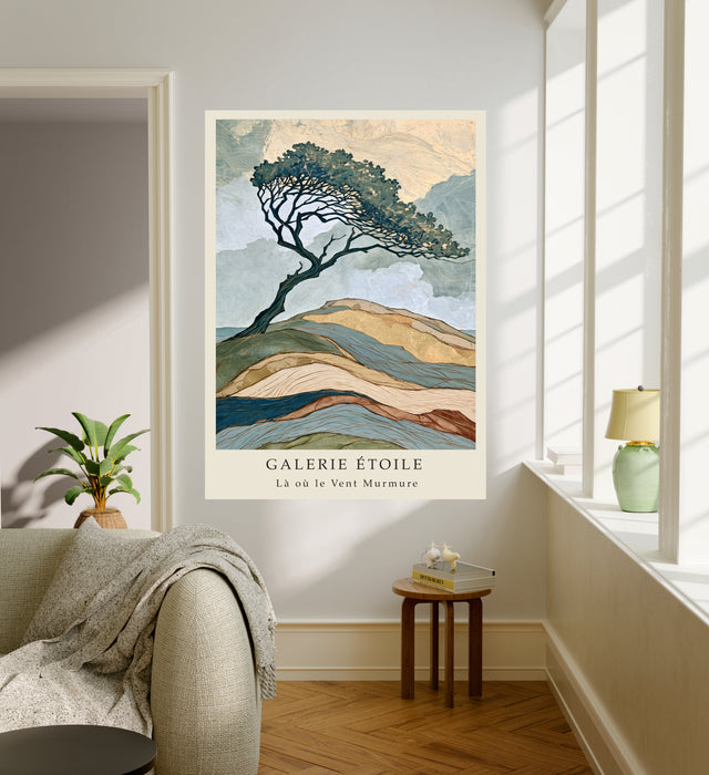 Coastal windswept tree giclee print in a bright living room, Stanley Street Studio