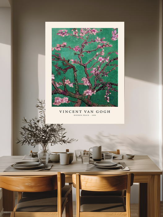 Emerald green Van Gogh Almond Blossom print with pink blossoms and cream border