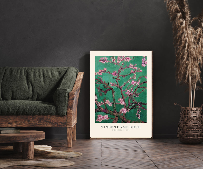 Van Gogh Almond Blossom reimagined in emerald and rose pink, giclee art print