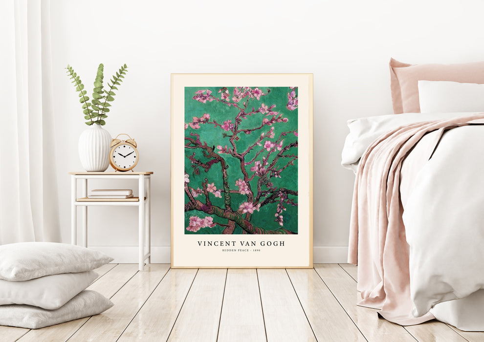 Close up of pink blossoms and twisting branches on emerald green Van Gogh print