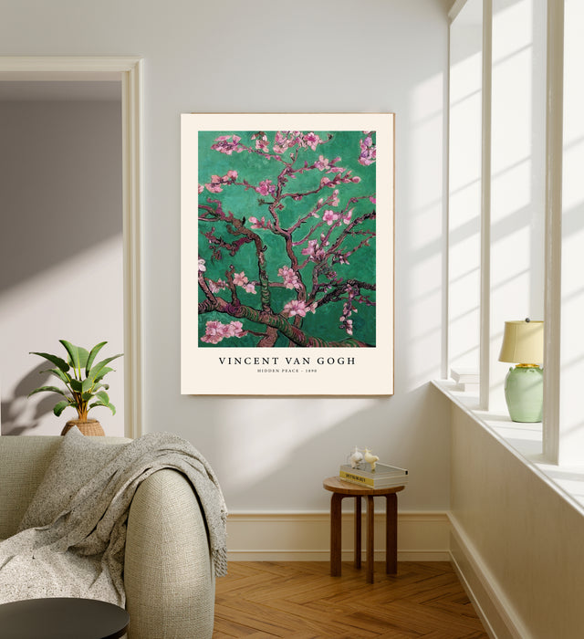 Pink almond blossom on emerald green, Van Gogh inspired art print, Stanley Street Studio