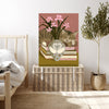 Tabby cat and pink flowers art print styled in a bright living room, gift for cat and book lovers
