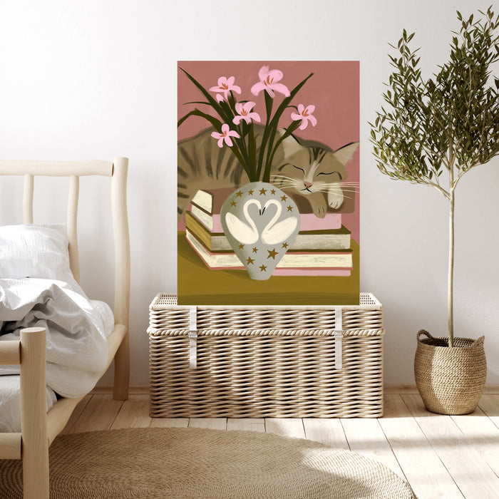 Tabby cat and pink flowers art print styled in a bright living room, gift for cat and book lovers