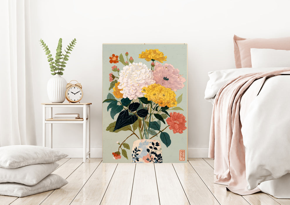 Japanese Green Floral Vase Flower Art Print