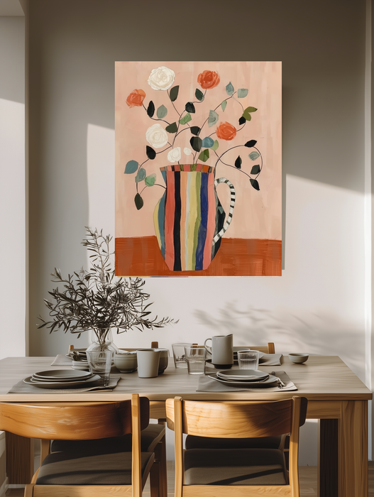 Striped jug and roses still life art print above a wooden dining table with olive branches and stoneware