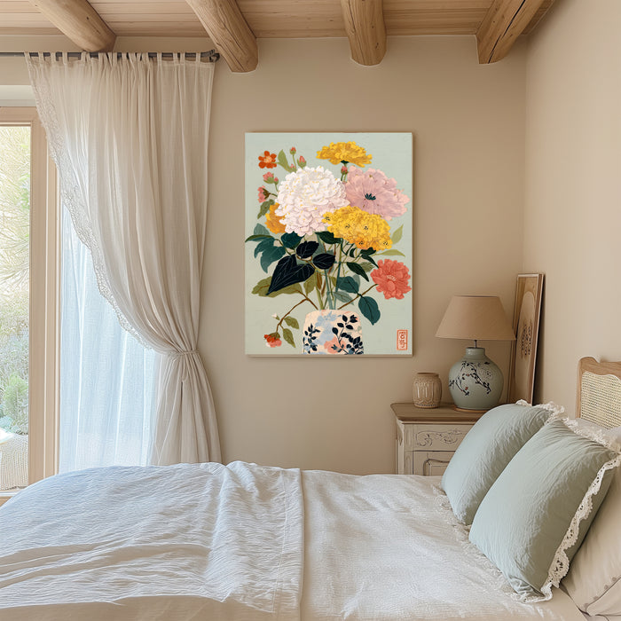 Japanese Green Floral Vase Flower Art Print