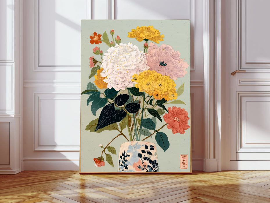 Japanese Green Floral Vase Flower Art Print
