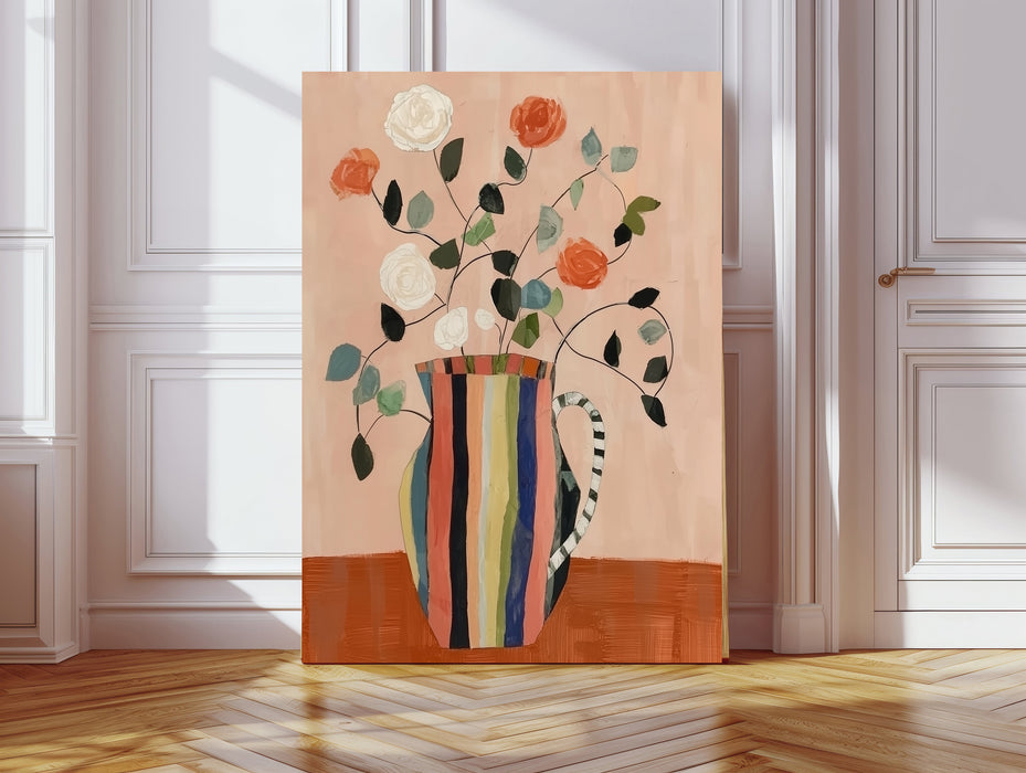 Striped vase flower art print with cream and coral roses in a rainbow striped jug, leaning against a panelled wall on herringbone floor