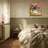 Pink lily and starry swan vase still life print with a napping cat, dusky rose background