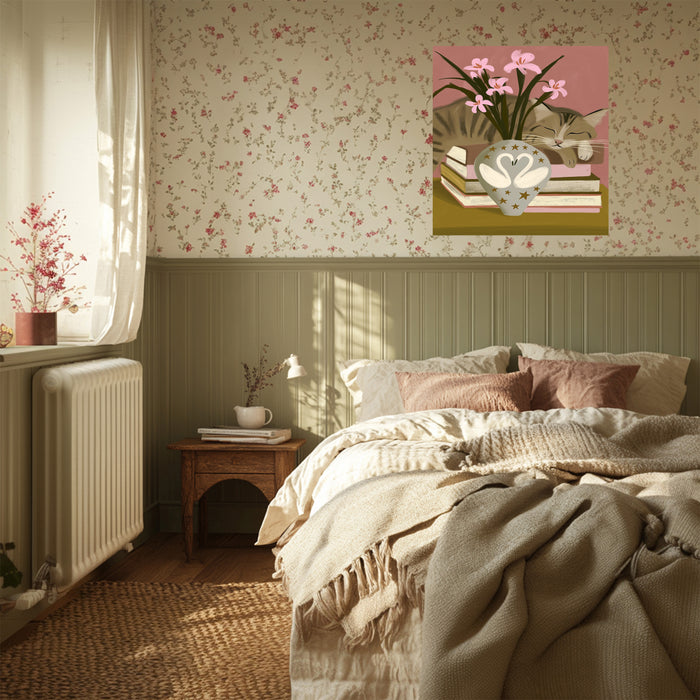 Pink lily and starry swan vase still life print with a napping cat, dusky rose background