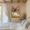 Close up of swan vase painted with golden stars and pink lilies in a cat art print