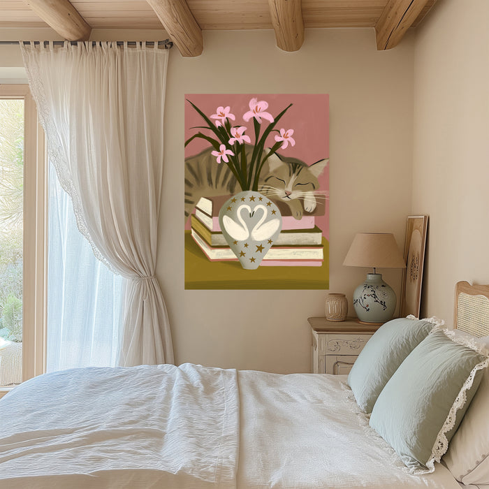 Close up of swan vase painted with golden stars and pink lilies in a cat art print