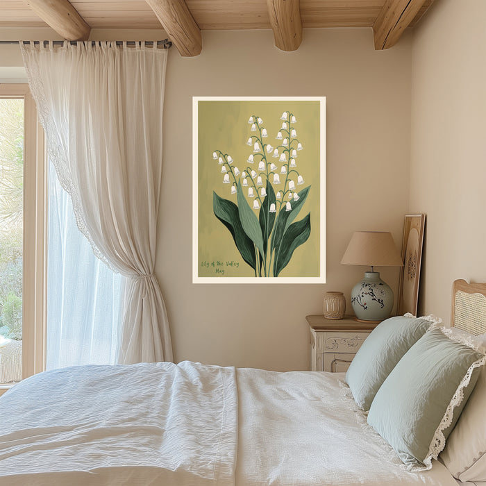 Green lily of the valley botanical print on a beamed bedroom wall with linen curtains and sage green bedding