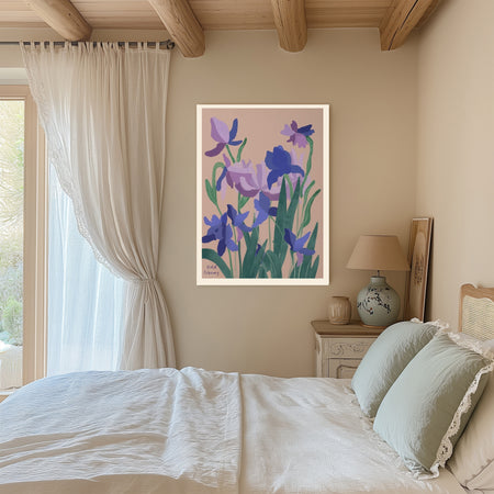 Violet February birth flower print on a beamed bedroom wall with linen curtains and sage green bedding