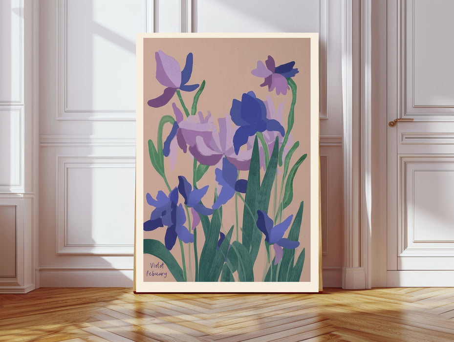 February birth flower art print of purple violets and irises in a gold frame, Violet February lettering, leaning against a panelled wall