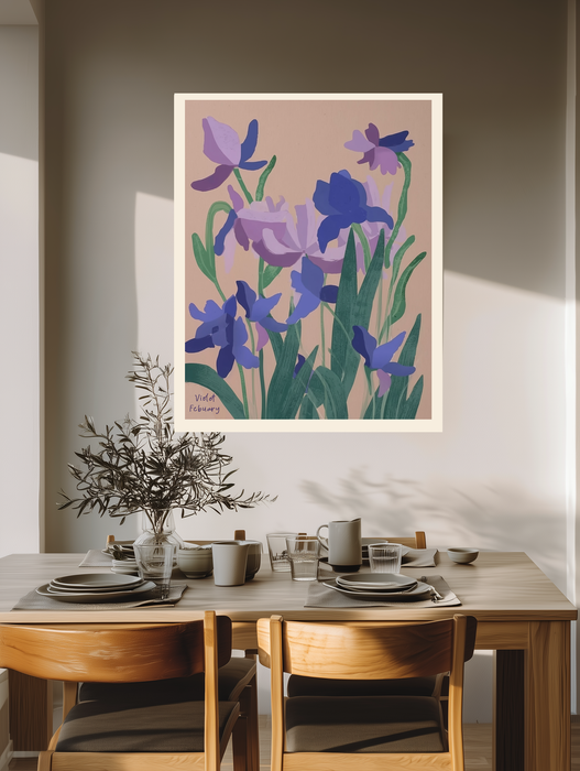 Violet botanical birth flower print above a wooden dining table with olive branches and stoneware