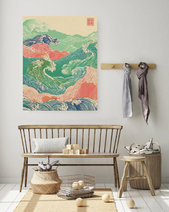 Japanese Peach, Green Vintage Wave Art Print