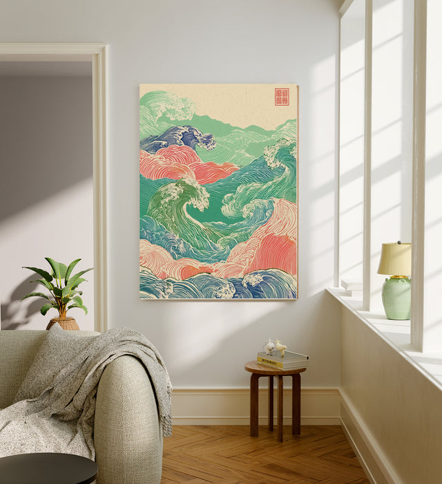 Japanese Peach, Green Vintage Wave Art Print