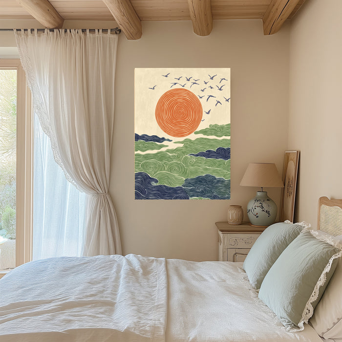 Japanese Sunset Ocean Waves Landscape Art Print