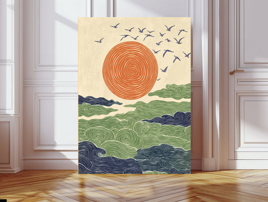 Japanese Sunset Ocean Waves Landscape Art Print